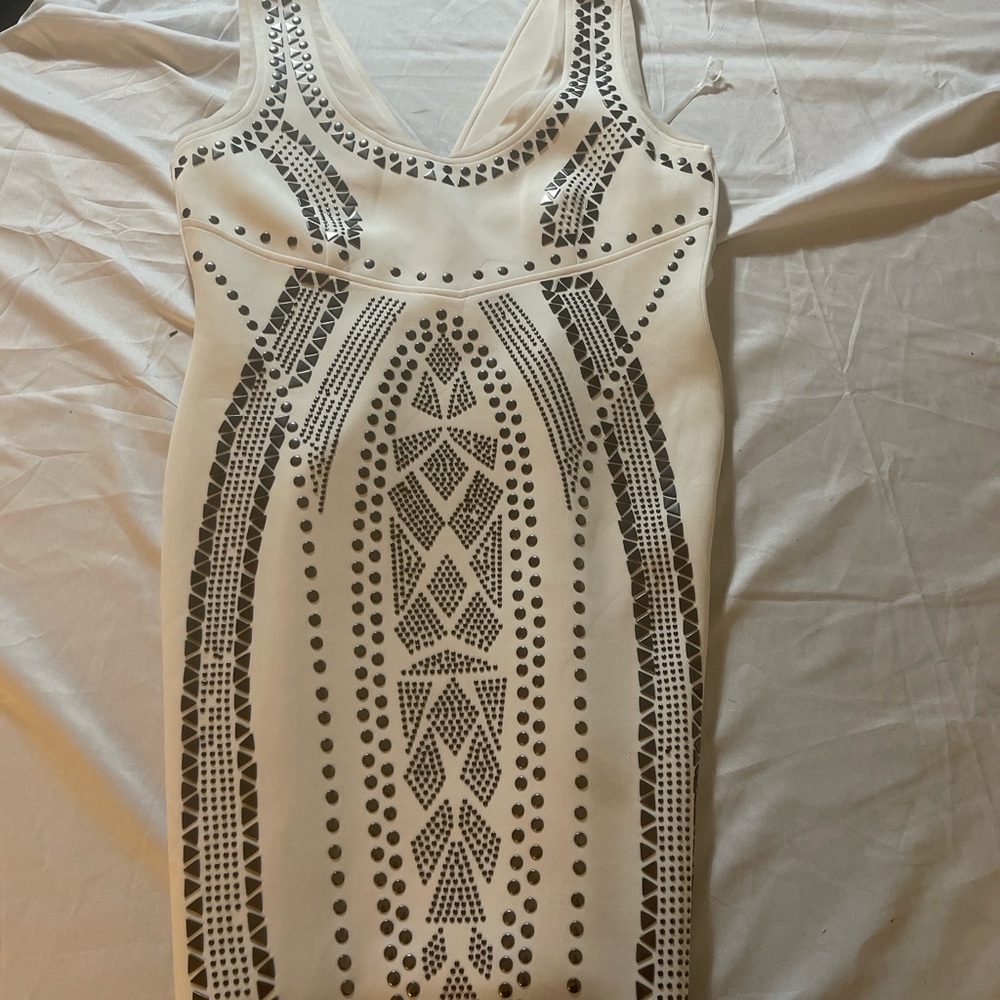Bebe Studded Bodycon Mini Dress White Geometric Stud Sleeveless Club Size M
